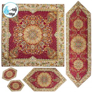 رومیزی ترمه ۵ تکه افشار تراکم ۱۵۰ رنگ زرشکی