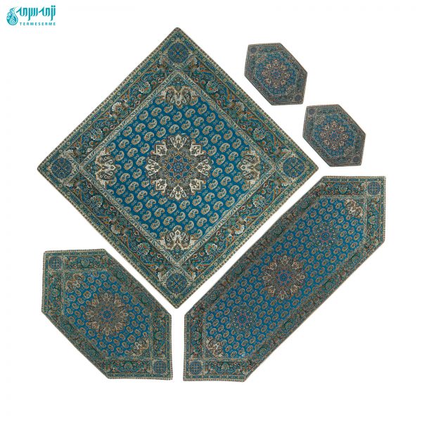 44 copy 600x600 - رومیزی ترمه پنج تکه طرح قاجار رنگ آبی درباری