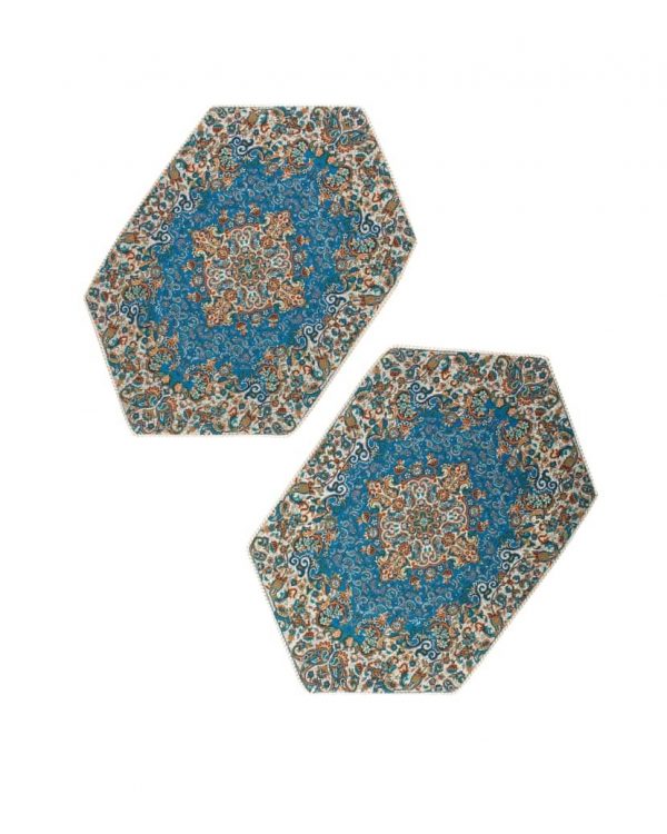 رومیزی ترمه پنج تکه طرح گل رنگ آبی درباری
